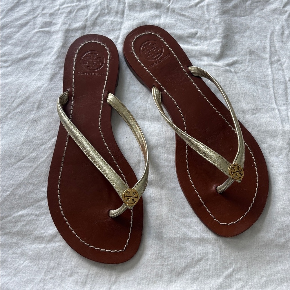 Tory Burch Metallic Gold and Brown Sandals